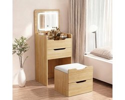 MAZAZU - Kaptafel met spiegel - LED Spiegel - Nachtkast - Krukje – Compacte Make-up Tafel – Natuurlijk hout – 120 x 48 x40 cm