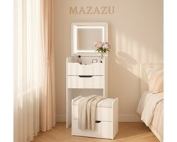 MAZAZU - Kaptafel met spiegel - LED Spiegel - Nachtkast - Krukje – Compacte Make-up Tafel – Wit – 120 x 48 x40 cm