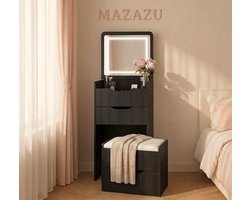 MAZAZU - Kaptafel met spiegel - LED Spiegel - Nachtkast - Krukje – Compacte Make-up Tafel – Zwart – 120 x 48 x40 cm