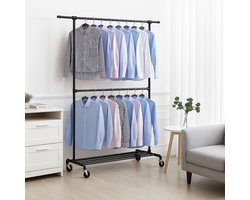 MAZAZU Kledingrek op Wieltjes – Zwart/Metalen Garderoberek – 2 Stangen Kleerhangerrek – Verstelbaar Kledingstandaard – 130x49x198 cm - MIRA Home