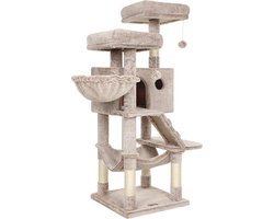 MAZAZU - Krabpaal - Kattenhuis - Kattenboom - Katten - Taupe - Beige - Met Hangmat, Ligmand & Loopbrug - Zacht Pluche 49x49x135