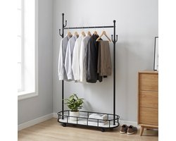 MAZAZU Luxe Kledingrek op Wielen - Zwart & Marmerlook - 177cm Hoog - Verrijdbaar Garderoberek met Schoenenplateau & Haken - Modern Industrieel Design