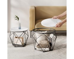 MAZAZU Set van 2 Ronde Bijzettafels - Salontafel - Opbergruimte - Marmer Look & Zwart Metaal - Industrieel/Modern - 50x40cm