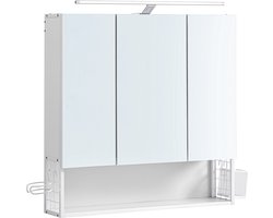 MAZAZU - Spiegelkast - Badkamerkast met LED-verlichting - Wit - 3 deuren - Verstelbare plank - Modern - 14.5 x 70 x 70 cm