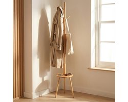 MAZAZU Staande Kapstok Hout met Tafeltje - 8 Haken - Boomstam Design - Garderoberek voor Hal & Slaapkamer - Natuurlijk Bamboe Look - Incl. Opbergplateau – 32,5x32,5x184cm