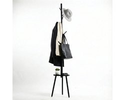 MAZAZU Staande Kapstok Zwart met Tafeltje - 8 Haken - Industrieel Design - Garderoberek voor Hal & Slaapkamer - Modern & Ruimtebesparend - Incl. Opbergplateau Zwart - 32,5x32,5x184cm)