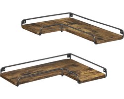 MAZAZU Wandplank Hoek - Hoekplank Set van 2 - Industrieel - Hout en Metaal - Bruin Zwart - 40x29 cm