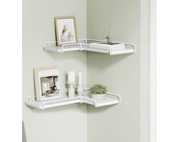 MAZAZU - Wandplank Hoek - Hoekplank Wit - Hout en Metaal - Set van 2 - 40 x 29 cm