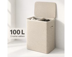 MAZAZU Wasmand 2 Vakken met Deksel - Wassorteerder 100L - Uitneembare Waszakken - Beige