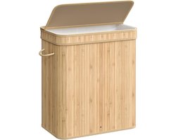 MAZAZU Wasmand Bamboe - Luxe Wasmand met Afneembare & Wasbare Linnen Zak - 100L - Beige - 54,5x34,5x61cm