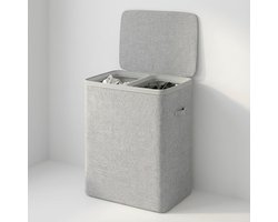 MAZAZU Wasmand met 2 Vakken - 100 Liter - Wassorteerder met Deksel - Uitneembare Waszakken - Lichtgrijs - Opvouwbare Wasbox voor Badkamer & Slaapkamer - 56×40×67 cm