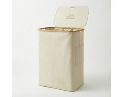 MAZAZU Wasmand met 3 Vakken - 150 Liter - Beige & Bamboe - Wassorteerder met Deksel - Uitneembare Waszakken - Incl. Labels & Zijvak