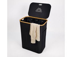 MAZAZU Wasmand met 3 Vakken - 150 Liter - Zwart & Bamboe - Wassorteerder met Deksel - Uitneembare Waszakken - Incl. Labels & Zijvak