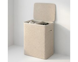 MAZAZU wassorteerder wasmand - 2 vakken 100 liter - met deksel en uitneembare waszakken - beige 56 x 40 x 67 cm