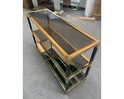mbc-living - sidetable 120 x40cm - 75cm hoog - 2 x smoke glas - 1x spiegel bodemglas - zwart/goud metaal