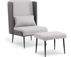 MCombo 4707 Oorfauteuil met Hocker – Grijs Kunstleer & Stof – Ergonomisch en Comfortabel – Geschikt voor Senioren