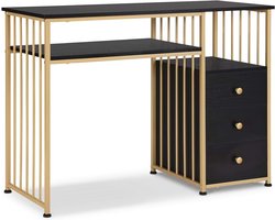 MCombo bureau met lades, kaptafel zonder spiegel zwart en goud, nageltafel van hout, metalen frame, computertafel woonkamer modern, 45,5 x 109 x 81cm, 2407