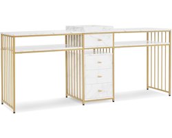 MCombo dubbele nageltafel met laden, bureau met plank, manicure tafel, kaptafel zonder spiegel woonkamer modern, marmer-witgoud, 50 x 200 x 86cm, 2413
