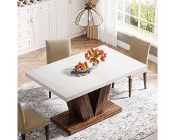 Meda Home Store Eettafel 120 cm Wit & Eiken voor 4 Personen, Rechthoekige Keukentafel met Stevige Houten Basis, Rustieke Moderne Eettafel voor Kleine Ruimtes – Meda Home Store