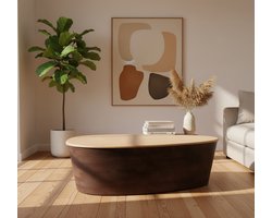 Medahomestore Luxe Salontafel Verona – 110x80x32 cm – Travertin Natuursteen Tafelblad – Espresso Sandblasted Mangohout – Ovale Design Tafel – Moderne Minimalistische Woonkamer