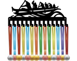 Medaillehouder medaille display rek zwart metaal - muur gemonteerd met 14 haken voor roeien en kanoën - 28 x 13 cm.