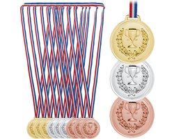 medailles kinderen - set van 12 - Ø 6 cm - plastic - met lint - goud - zilver - brons