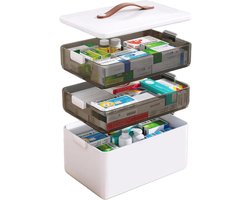 Medicijnbox met 3 lagen ideaal voor huishouden en reizen - Draagbaar met lederen handvat - 34 x 22 x 25,5 cm - Wit.