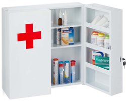 medicijnkast afsluitbaar - 11 vakken - staal - 53,5 x 53 x 19 cm - 2 deuren - wit-rood