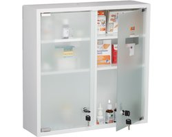 medicijnkast - dubbele glazen deur - afsluitbaar - 3 vakken - hangend - wit