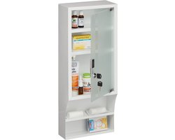 medicijnkast - glazen deur - afsluitbaar - 5 vakken - 65 x 27 x 12 cm - muur - wit