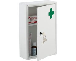 medicijnkast met slot - 32 x 21,5 x 8 cm - 2 vakken - groen kruis - hangend - wit