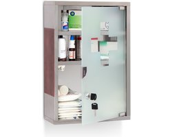 medicijnkast rvs - houtlook - 45 x 30 x 12 cm - 3 vakken - glazen deur - zilver-bruin