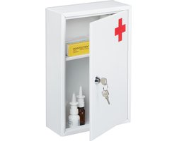 medicijnkast wand - afsluitbaar - 2 vakken - met slot - 32 x 21,5 x 8 cm - wit-rood