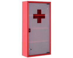Medicijnkastje - Afsluitbaar - 4 Vakken - Glazen Deur - Staal - 60 x 30 x 12 cm - Rood