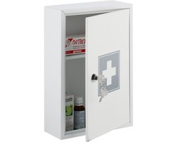 Medicijnkastje met kruis - Opbergkastje voor medicijnen met slot - HBD: 32 x 215 x 8 cm - 2 vakken - Wit/grijs