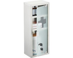 medicijnkastje met slot - 45 x 18 x 12 cm - 3 vakken - melkglas - rvs