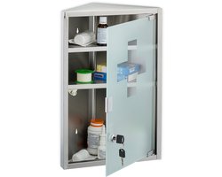medicijnkastje met slot - 45 x 30 x 17,5 cm - hoek - glazen deur - rvs
