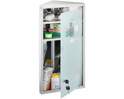 medicijnkastje met slot - 56 x 30 x 18 cm - voor hoek - glazen deur - rvs