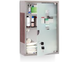 Medicijnkastje XL – 45 x 30 x 12 cm – RVS & Houtlook – Wandkast voor Badkamer – 3 Vakken – Glazen Deur – Opbergkast – Zilver/Bruin