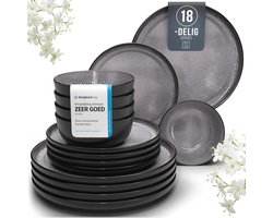 Mediterraanse Serviesset voor 6 Personen - 18-delig Steengoed, Vaatwasser- en Magnetronbestendig, Krasbestendig Eetgerei Donker Grijs