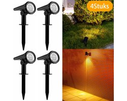 Meedeer 4 Stuks Tuinverlichting op Zonne-energie-Solar Prikspot-Tuinspots-Tuinverlichting-Solar Spots-10leds-Warm wit-IP65 Waterdicht-Drie helderheidsniveaus-ABS-Wandlamp en Gazonlamp-Grond Spots voor Tuin-Garage-Pad en Balkon