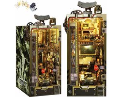 Meedeer DIY Book Nook Kit-Premium 3D Houten puzzel boekensteunen-Militaire stijl-Met muziek-Realistische wapens-Sensorlicht-Tandwielrotatiefunctie toevoegen-Booknook modelbouwset met led-licht-Houten modellen om te bouwen voor volwassenen