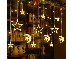 Meedeer Kerst Raamverlichting-3,5 m x 0,8m LED String-binnen-koppelbaar-hangende lichtjes-8 verlichtingsmodi-Stervorm en halve maan-Met stekker-woningdecoratie-voor Indoor Party Bruiloft Slaapkamer (Warm Wit)