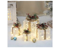 Meedeer Set van 4 verlichte geschenkdozen-Met LED kerstdecoratie pakjesverlichting-Decoratieve verlichting voor geschenkdozen-Verlichte deco cadeaudozen-kerstboomdecoratie voor binnen-Kerstmis, advent, winter, kerstboom, decoratie, verlichting(Wit)