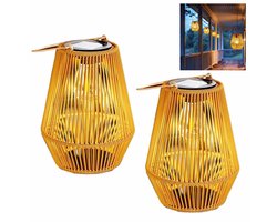 Meedeer Solar Lantaarn-Buitenlantaarns op zonne-energie-Solar Tuinverlichting-Rotan bamboe tuinlantaarn-Wolfraam Hangende lantaarns-zonnelamp met lichtsensor-automatisch aan/uit-waterdichte hangende -tuin-decoratieve（2 Stuks）