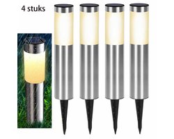 Meedeer Tuinverlichting op zonne energie-Solar Tuinlamp-Padverlichting-4Stuks Solar Tuinverlichting-Warm licht-Zonne verlichting voor buiten-buitenlamp-landschap stok lamp buiten-Gazon lamp Cilindrisch steek lichten zaklamp straatlantaarn(Zilver)