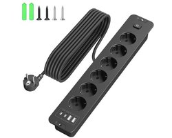 Meervoudig stopcontact met USB en Inbouwfunctie - 6-voudig, Zwart, 2m Kabel voor Vergadertafel en Werkblad
