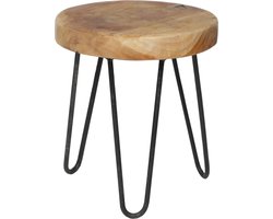 Mega Collections Bijzettafeltje/krukje Decowood - teak hout/metaal - D32 x H38 cm