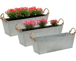 Mega Collections plantenbak/bloembak Farmer - 3x - balkon/terras - zink - zilver - L50 x D17 X H16 cm
