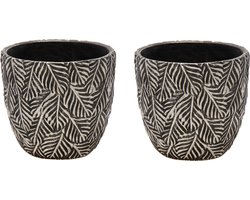 Mega Collections Plantenpot/bloempot - 2x - keramiek - antraciet grijs/zilver - D14 x H13 cm